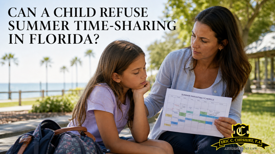 Florida parent talking with child about refusing summer time-sharing and parenting schedule