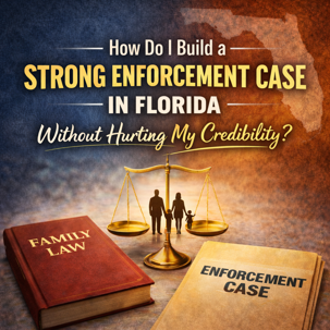 Image with the title “How Do I Build a Strong Enforcement Case in Florida Without Hurting My Credibility?” in bold white text over a blue and gold background, featuring balanced scales with a family silhouette, a Family Law book, and an Enforcement Case fo