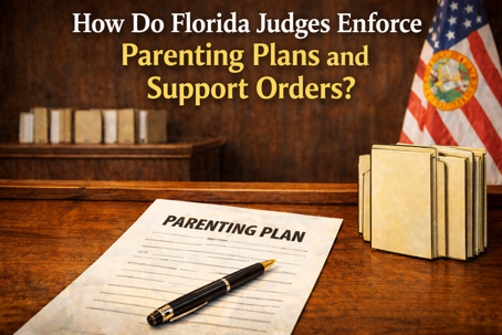 Photo of a Florida courtroom bench with a Parenting Plan document and pen in the foreground, file folders to the side, and Florida state flag in the background, illustrating enforcement of parenting plans and support orders under Florida law.