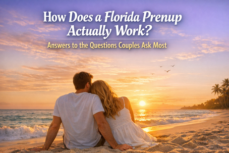 Couple on a Florida beach at sunset with text overlay about how a Florida prenup works and common questions answered.