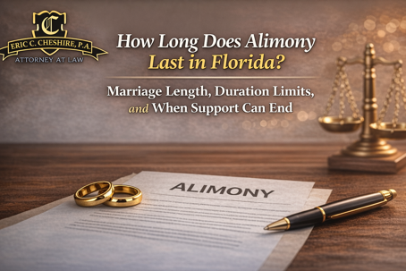 Florida alimony blog header with wedding rings, alimony document, scales of justice, and Eric C. Cheshire, P.A. logo.