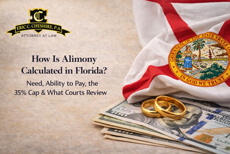 Florida alimony blog graphic with Eric C. Cheshire logo, Florida flag, wedding rings, cash, and alimony title.