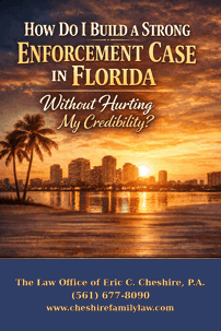 Florida family law enforcement graphic showing West Palm Beach sunset skyline with headline about building a strong enforcement case in Florida and footer listing The Law Office of Eric C. Cheshire, P.A.,  (561) 677-8090, www.cheshirefamilylaw.com