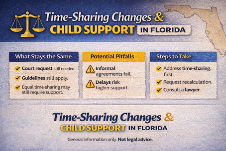 Horizontal infographic explaining how time-sharing changes affect child support in Florida, highlighting court approval, common pitfalls, and next steps.  Character count: 117