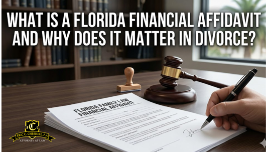 Realistic legal office image showing a Florida family law financial affidavit on a desk, with a judge’s gavel, notary stamp, and a person signing the document, under the title “What Is a Florida Financial Affidavit and Why Does It Matter in Divorce?”