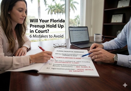 Woman reviews a prenuptial agreement with an attorney in a Palm Beach office, with text about Florida prenup mistakes to avoid.